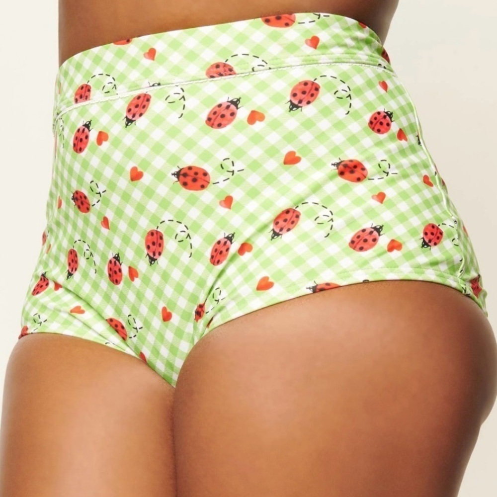 Unique Vintage Gingham & Ladybug Print Ruched & Ready Swim Bottom- Size L- NWT